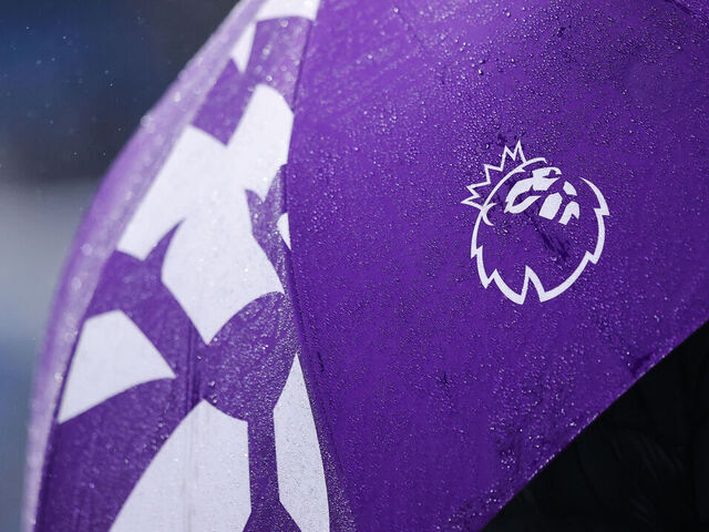 MANCHESTER, ENGLAND - FEBRUARY 21: The logo / badge of the Premier League is seen on an umbrella during the Premier League match between Manchester City and Newcastle United at Etihad Stadium on February 21, 2026 in Manchester, England.