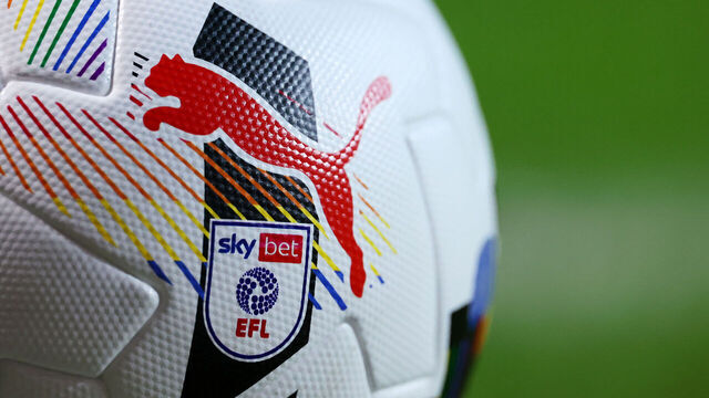 BLACKBURN, ENGLAND - FEBRUARY 20: A detailed view of the PUMA and Sky Bet EFL logos are seen on a match ball during the Sky Bet Championship match between Blackburn Rovers and Preston North End at Ewood Park on February 20, 2026 in Blackburn, England.