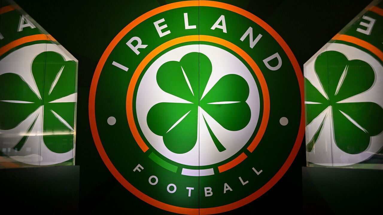 Dublin , Ireland - 24 October 2025; A detailed view of the Ireland Football crest inside the stadium before the UEFA Women's Nations League A/B promotion/relegation play-off first leg match between Republic of Ireland and Belgium at the Aviva Stadium in Dublin.
