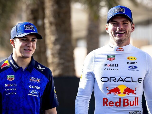Formula 1 driver Isack Hadjar of Oracle Red Bull Racing and Formula 1 driver Max Verstappen of Oracle Red Bull Racing participate in the Formula 1 pre-season testing at the Bahrain International Circuit for the Pre-season testing 1 of the 2026 season in Sakhir, Bahrain, on February 12, 2026.
