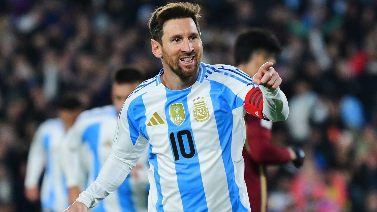 BUENOS AIRES, ARGENTINA - SEPTEMBER 04: Lionel Messi of Argentina celebrates after scoring the team's third goal during the South American FIFA World Cup 2026 Qualifier match between Argentina and Venezuela at Estadio Más Monumental Antonio Vespucio Liberti on September 04, 2025 in Buenos Aires, Argentina.