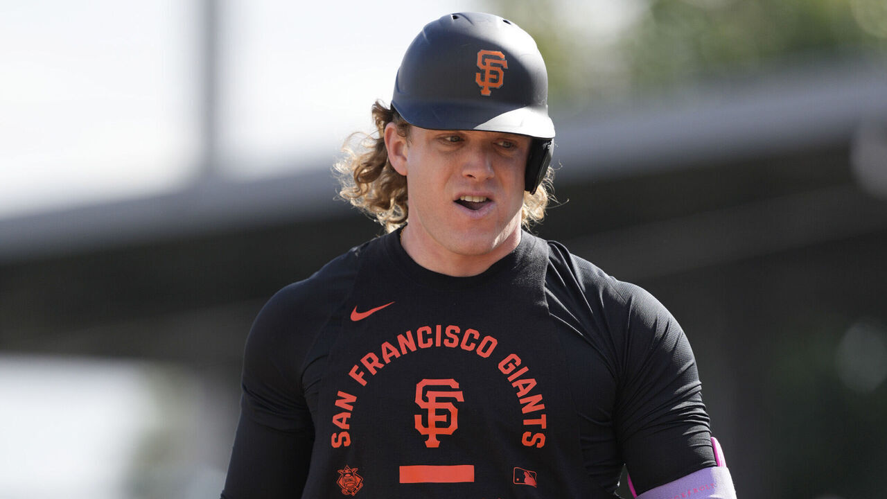 SCOTTSDALE, ARIZONA - FEBRUARY 18: Harrison Bader #9 of the San Francisco Giants at bat at Scottsdale Stadium on February 18, 2026 in Scottsdale, Arizona.