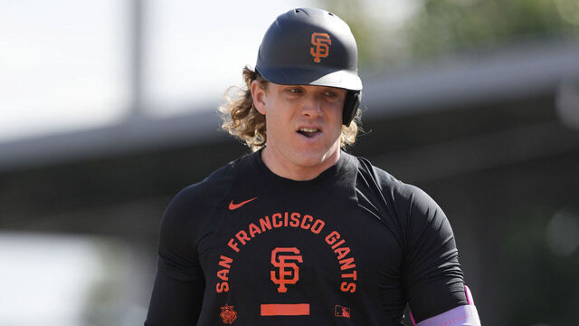 SCOTTSDALE, ARIZONA - FEBRUARY 18: Harrison Bader #9 of the San Francisco Giants at bat at Scottsdale Stadium on February 18, 2026 in Scottsdale, Arizona.