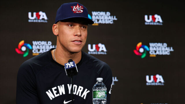 NEW YORK, NY - APRIL 14: 2026 WBC Team USA Captain Aaron Judge #99 of the New York Yankees speaks to the media before the game against the Kansas City Royals at Yankee Stadium on April 14, 2025 in New York, New York.