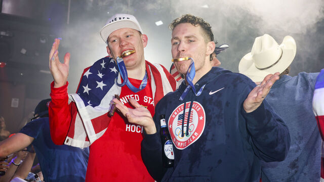 MIAMI, FLORIDA - FEBRUARY 23: Brady Tkachuk and Matthew Tkachuk attend a celebration of the USA Men's Hockey Team's Olympic Gold at E11EVEN Miami on February 23, 2026 in Miami, Florida.