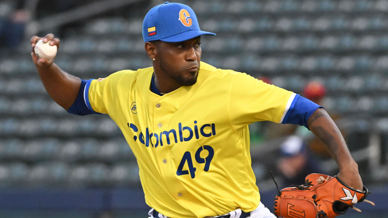 TUCSON, AZ - MARCH 02: Julio Teheran #49 of Team Colombia pitches during the game between the Team Brazil and the Team Columbia at Veterans Memorial Stadium at Kino Sports Complex on Sunday, March 2, 2025 in Tucson, Arizona.