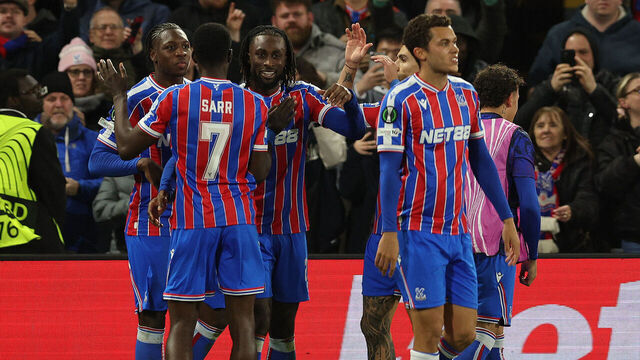 LONDON, ENGLAND - FEBRUARY 26: Evann Guessand of Crystal Palace celebrates with his team mates after scoring their second goal during the UEFA Conference League 2025/26 Knockout Play-off Second Leg match between Crystal Palace FC and HSK Zrinjski Mostar at Selhurst Park on February 26, 2026 in London, England.