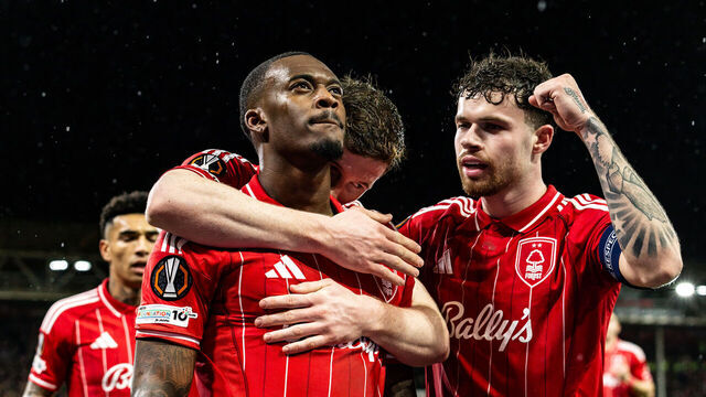 NOTTINGHAM, ENGLAND - FEBRUARY 26: Nottingham Forest's Callum Hudson-Odoi celebrates scoring his side's first goal with team mate Neco Williams during the UEFA Europa League 2025/26 Knockout Play-off Second Leg match between Nottingham Forest FC and Fenerbahce SK at City Ground on February 26, 2026 in Nottingham, England.