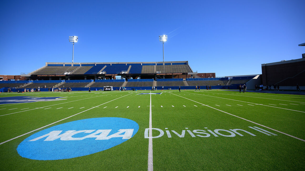 MCKINNEY, TEXAS - DECEMBER 20: Field logos seen before the Division II Football Championship held at McKinney ISD Stadium on December 20, 2025 in McKinney, Texas.