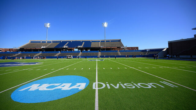 MCKINNEY, TEXAS - DECEMBER 20: Field logos seen before the Division II Football Championship held at McKinney ISD Stadium on December 20, 2025 in McKinney, Texas.