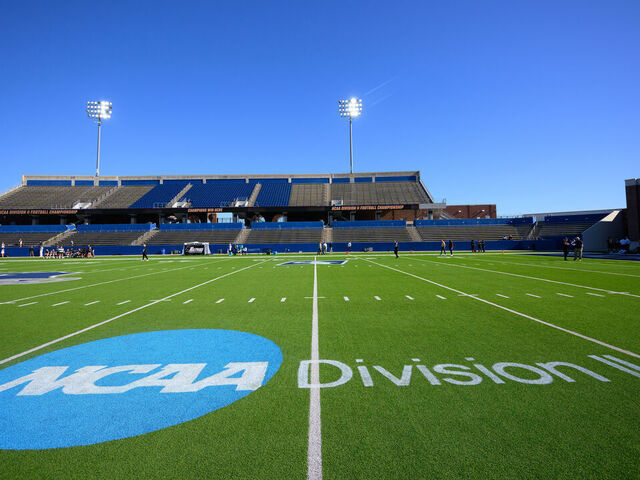 MCKINNEY, TEXAS - DECEMBER 20: Field logos seen before the Division II Football Championship held at McKinney ISD Stadium on December 20, 2025 in McKinney, Texas.