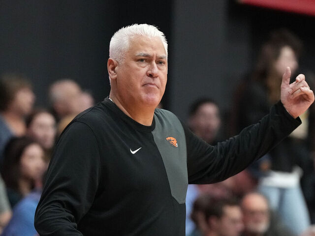 SEATTLE, WA - FEBRUARY 14: Head coach Wayne Tinkle of the Oregon State Beavers looks on during a college basketball game against the Seattle University Redhawks at the Redhawk Center on February 14, 2026 in Seattle, Washington.