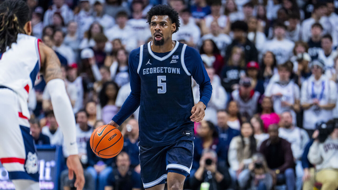 STORRS, CONNECTICUT - FEBRUARY 14: KJ Lewis #5 of the Georgetown Hoyas plays against the Connecticut Huskies during the first half of an NCAA men's basketball game at Harry A. Gampel Pavilion on February 14, 2026 in Storrs, Connecticut.