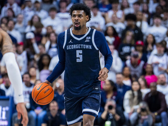 STORRS, CONNECTICUT - FEBRUARY 14: KJ Lewis #5 of the Georgetown Hoyas plays against the Connecticut Huskies during the first half of an NCAA men's basketball game at Harry A. Gampel Pavilion on February 14, 2026 in Storrs, Connecticut.
