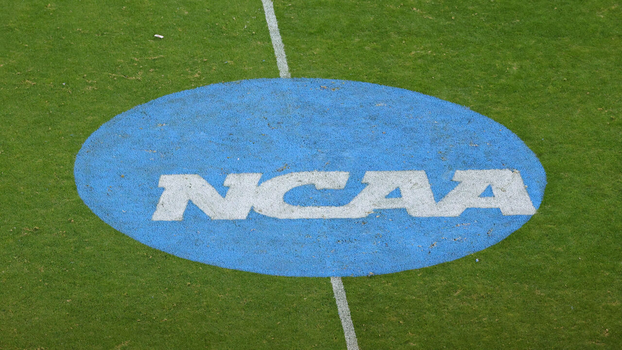 FRISCO, TEXAS - JANUARY 6: A NCAA logo is seen between the North Dakota State Bison and the Montana State Bobcats during the Division I FCS Football Championship held at Toyota Stadium on January 6, 2025 in Frisco, Texas.