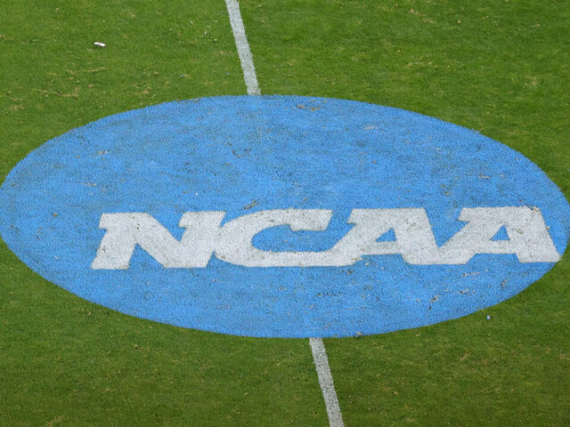 FRISCO, TEXAS - JANUARY 6: A NCAA logo is seen between the North Dakota State Bison and the Montana State Bobcats during the Division I FCS Football Championship held at Toyota Stadium on January 6, 2025 in Frisco, Texas.