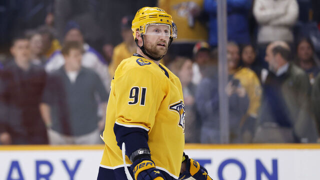 NASHVILLE, TENNESSEE - FEBRUARY 02: Steven Stamkos #91 of the Nashville Predators looks on during the third period of the game against the St. Louis Blues at Bridgestone Arena on February 02, 2026 in Nashville, Tennessee.