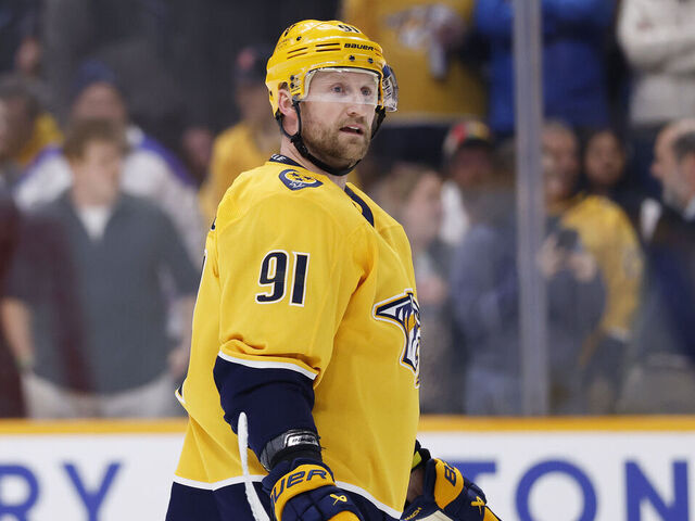 NASHVILLE, TENNESSEE - FEBRUARY 02: Steven Stamkos #91 of the Nashville Predators looks on during the third period of the game against the St. Louis Blues at Bridgestone Arena on February 02, 2026 in Nashville, Tennessee.