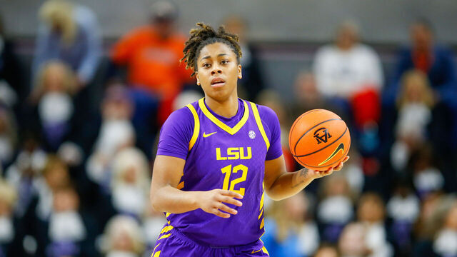 AUBURN, ALABAMA - FEBRUARY 8: Mikaylah Williams #12 of LSU Tigers dribbles the ball during the first half against the Auburn Tigers at Neville Arena on February 8, 2026 in Auburn, Alabama.