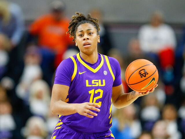 AUBURN, ALABAMA - FEBRUARY 8: Mikaylah Williams #12 of LSU Tigers dribbles the ball during the first half against the Auburn Tigers at Neville Arena on February 8, 2026 in Auburn, Alabama.