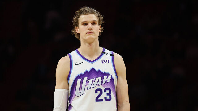MIAMI, FLORIDA - FEBRUARY 09: Lauri Markkanen #23 of the Utah Jazz looks on against the Miami Heat during the first quarter of the game at Kaseya Center on February 09, 2026 in Miami, Florida.