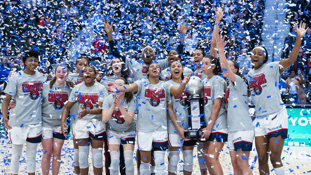 HARTFORD, CONNECTICUT - FEBRUARY 26: The Connecticut Huskies celebrate after clinching the Big East regular-season title following the NCAA women's basketball game against the Georgetown Hoyas at PeoplesBank Arena on February 26, 2026 in Hartford, Connecticut.