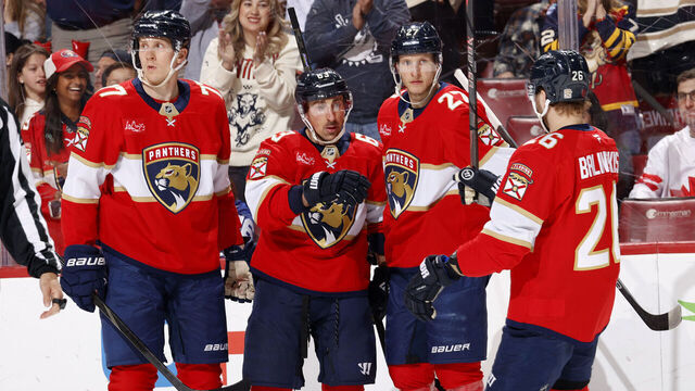 SUNRISE, FLORIDA - FEBRUARY 26: Brad Marchand #63 of the Florida Panthers celebrates his goal with teammates during the first period against the Toronto Maple Leafs at the Amerant Bank Arena on February 26, 2026 in Sunrise, Florida.