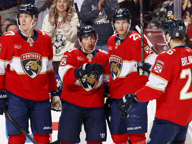 SUNRISE, FLORIDA - FEBRUARY 26: Brad Marchand #63 of the Florida Panthers celebrates his goal with teammates during the first period against the Toronto Maple Leafs at the Amerant Bank Arena on February 26, 2026 in Sunrise, Florida.