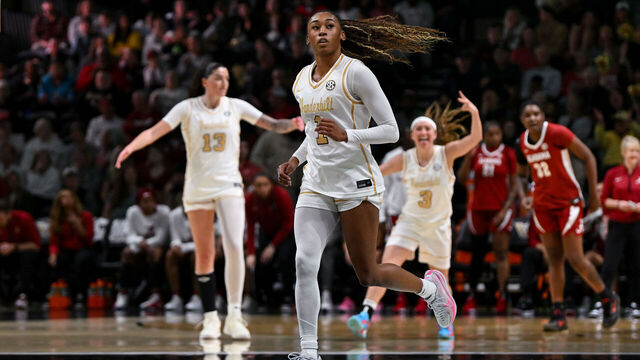 NASHVILLE, TENNESSEE - FEBRUARY 26: Mikayla Blakes #1 of the Vanderbilt Commodores runs down the court after shooting a three-pointer against the Alabama Crimson Tide in the first half at Vanderbilt University Memorial Gymnasium on February 26, 2026 in Nashville, Tennessee.