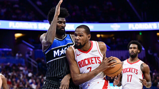 ORLANDO, FLORIDA - FEBRUARY 26: Kevin Durant #7 of the Houston Rockets goes to the basket against Jonathan Isaac #1 of the Orlando Magic during the second half of the game at Kia Center on February 26, 2026 in Orlando, Florida.