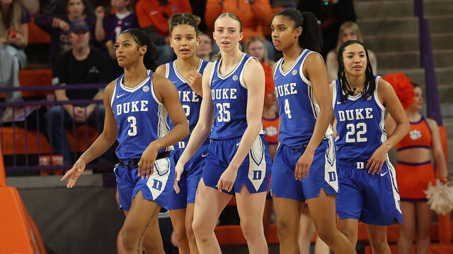 CLEMSON, SC - FEBRUARY 22: Duke Blue Devils guard Ashlon Jackson (3), forward Delaney Thomas (12), forward Toby Fournier (35), guard Riley Nelson (4) and guard Taina Mair (22) during a women's college basketball game between the Duke Blue Devils and the Clemson Tigers on February 22, 2026 at Littlejohn Coliseum in Clemson, S.C.