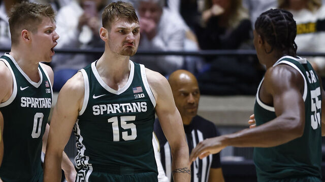 WEST LAFAYETTE, IN - FEBRUARY 26: Michigan State Spartans center Carson Cooper (15) react after his slam dunk and being fouled in the first half of play during a men's college basketball game between the Michigan State Spartans and the Purdue Boilermakers on February 26, 2026 at Mackey Arena in West Lafayette, IN.
