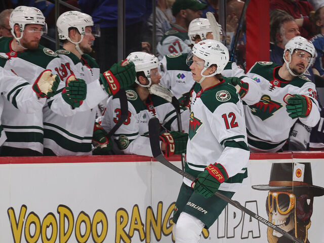 DENVER, COLORADO - FEBRUARY 26: Matt Boldy #12 of the Minnesota Wild celebrates after a goal against the Colorado Avalanche at Ball Arena on February 26, 2026 in Denver, Colorado.