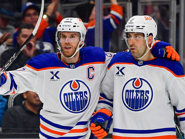 LOS ANGELES, CA - FEBRUARY 26: Connor McDavid #97 of the Edmonton Oilers celebrates his goal with Evan Bouchard #2 of the Edmonton Oilers during the second period against the Los Angeles Kings at Crypto.com Arena on February 26, 2026 in Los Angeles, California.