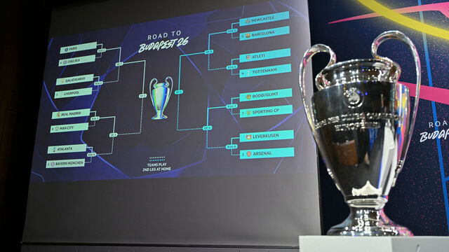 This photograph shows the UEFA Champions League Cup displayed next to a screen bearing the results of the 2025-2026 UEFA Champions League round of 16, quarter-final and semi-final draw at the House of European Football in Nyon, western Switzerland on February 27, 2026.