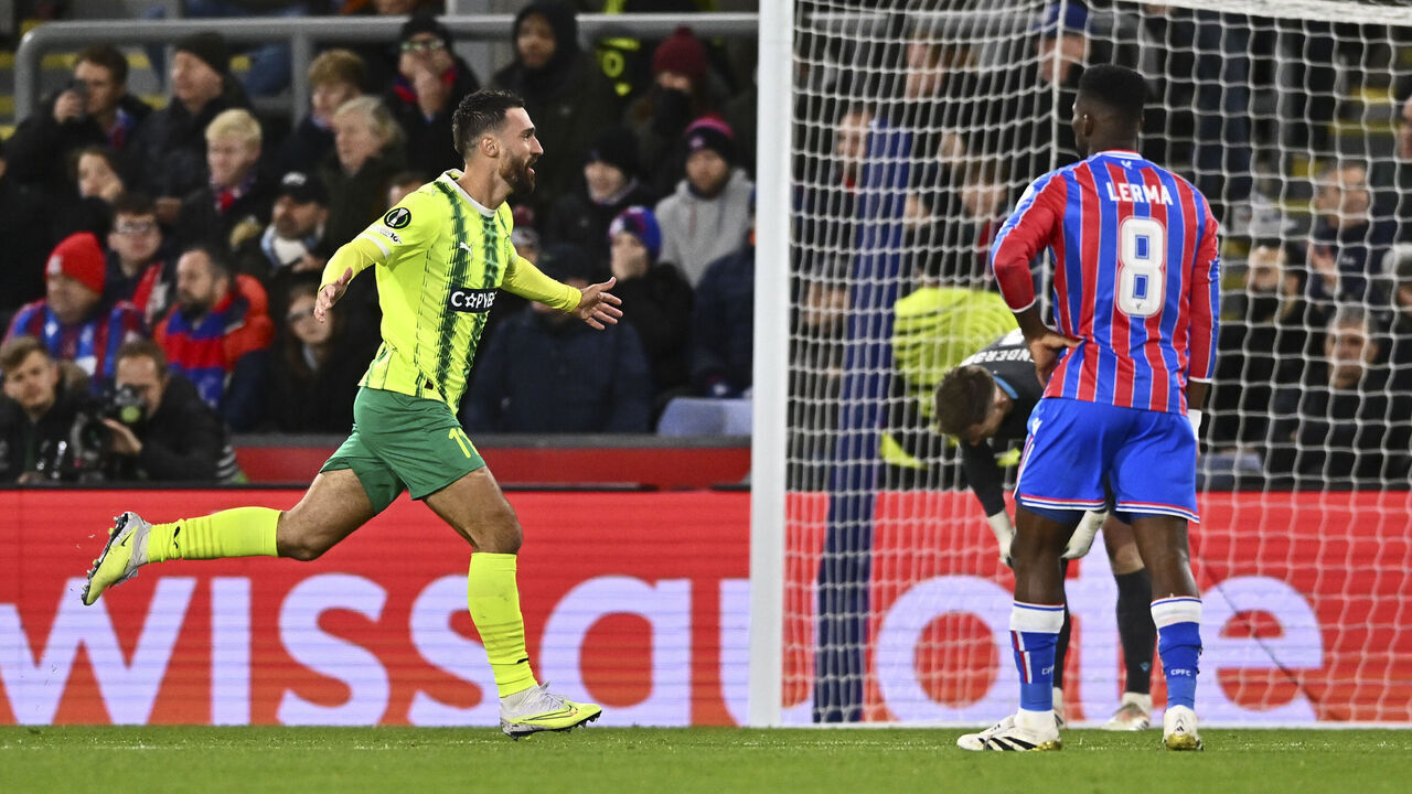 London, United Kingdom - October 23: Riad Bajic of AEK Larnaca FC celebrates after scoring his team's first goal during the UEFA Conference League 2025/26 League Phase MD2 match between Crystal Palace FC and AEK Larnaca FC at Selhurst Park on October 23, 2025 in London, England.