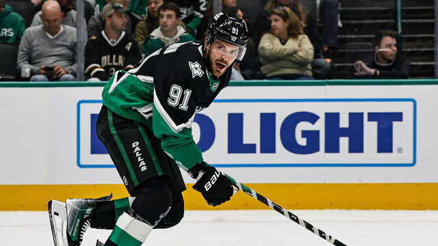 DALLAS, TX - NOVEMBER 28: Dallas Stars center Tyler Seguin (91) skates up the ice during the game between the Dallas Stars and the Utah Mammoth on November 28, 2025 at American Airlines Center in Dallas, Texas.