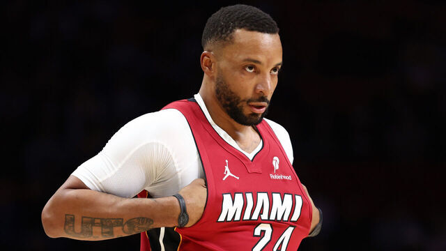 MIAMI, FLORIDA - JANUARY 28: Norman Powell #24 of the Miami Heat looks on against the Orlando Magic during the first quarter of the game at Kaseya Center on January 28, 2026 in Miami, Florida.