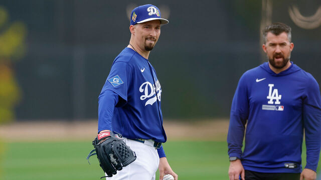 GLENDALE, ARIZONA - FEBRUARY 13: Blake Snell #7 of the Los Angeles Dodgers participates in a pitching drill during spring training workouts at Camelback Ranch on February 13, 2026 in Glendale, Arizona.
