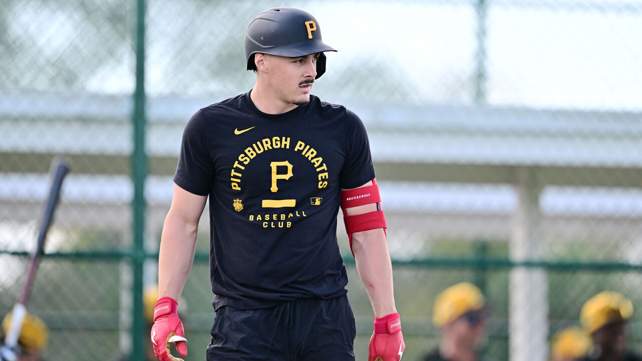 BRADENTON, FLORIDA - FEBRUARY 12: Konnor Griffin #75 of the Pittsburgh Pirates at bat during a spring training workout at Pirate City on February 12, 2026 in Bradenton, Florida.