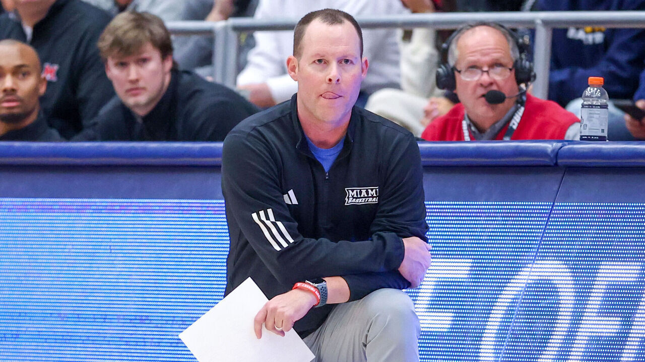 KENT, OH - JANUARY 20: Miami (OH) RedHawks head coach Travis Steele on the sideline during the first half of the college basketball game between the Miami (OH) RedHawks and Kent State Golden Flashes on January 20, 2026, at the Memorial Athletic and Convocation Center in Kent, OH.