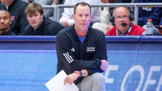 KENT, OH - JANUARY 20: Miami (OH) RedHawks head coach Travis Steele on the sideline during the first half of the college basketball game between the Miami (OH) RedHawks and Kent State Golden Flashes on January 20, 2026, at the Memorial Athletic and Convocation Center in Kent, OH.