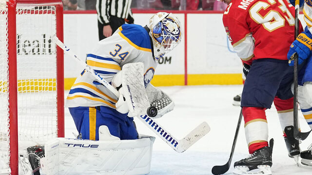 SUNRISE, FL - FEBRUARY 27: Buffalo Sabres goaltender Alex Lyon (34) makes a save in the third period during the game between the Buffalo Sabres and the Florida Panthers on Friday, February 27, 2026 at Amerant Bank Arena in Sunrise, FL