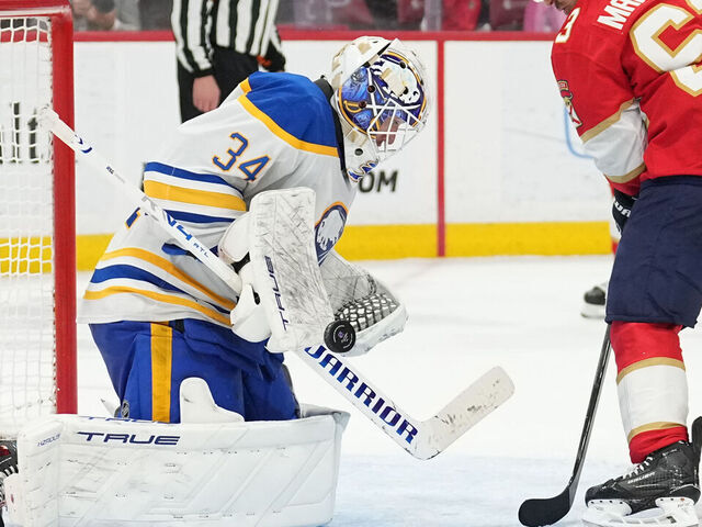 SUNRISE, FL - FEBRUARY 27: Buffalo Sabres goaltender Alex Lyon (34) makes a save in the third period during the game between the Buffalo Sabres and the Florida Panthers on Friday, February 27, 2026 at Amerant Bank Arena in Sunrise, FL