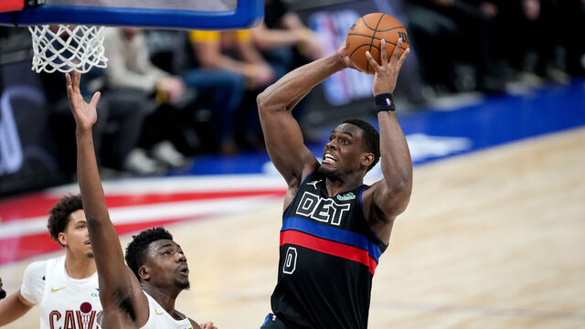 DETROIT, MICHIGAN - FEBRUARY 27: Jalen Duren #0 of the Detroit Pistons shoots the ball against Thomas Bryant #3 of the Cleveland Cavaliers during the fourth quarter at Little Caesars Arena on February 27, 2026 in Detroit, Michigan.