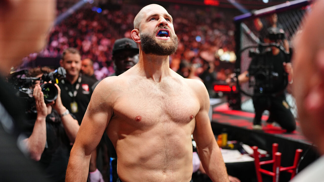 LAS VEGAS, NEVADA - OCTOBER 04: Jiri Prochazka of the Czech Republic prepares to enter the Octagon before his light heavyweight fight against Khalil Rountree Jr. during the UFC 320 event at T-Mobile Arena on October 04, 2025 in Las Vegas, Nevada.