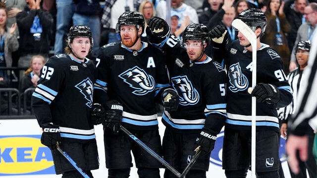 SALT LAKE CITY, UTAH - FEBRUARY 27: Lawson Crouse #67 of the Utah Mammoth reacts with teammates after scoring a goal during the third period against the Minnesota Wild at Delta Center on February 27, 2026 in Salt Lake City, Utah.