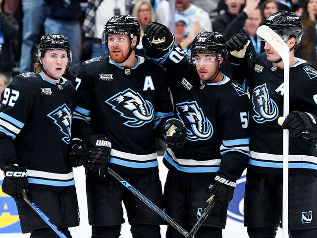 SALT LAKE CITY, UTAH - FEBRUARY 27: Lawson Crouse #67 of the Utah Mammoth reacts with teammates after scoring a goal during the third period against the Minnesota Wild at Delta Center on February 27, 2026 in Salt Lake City, Utah.