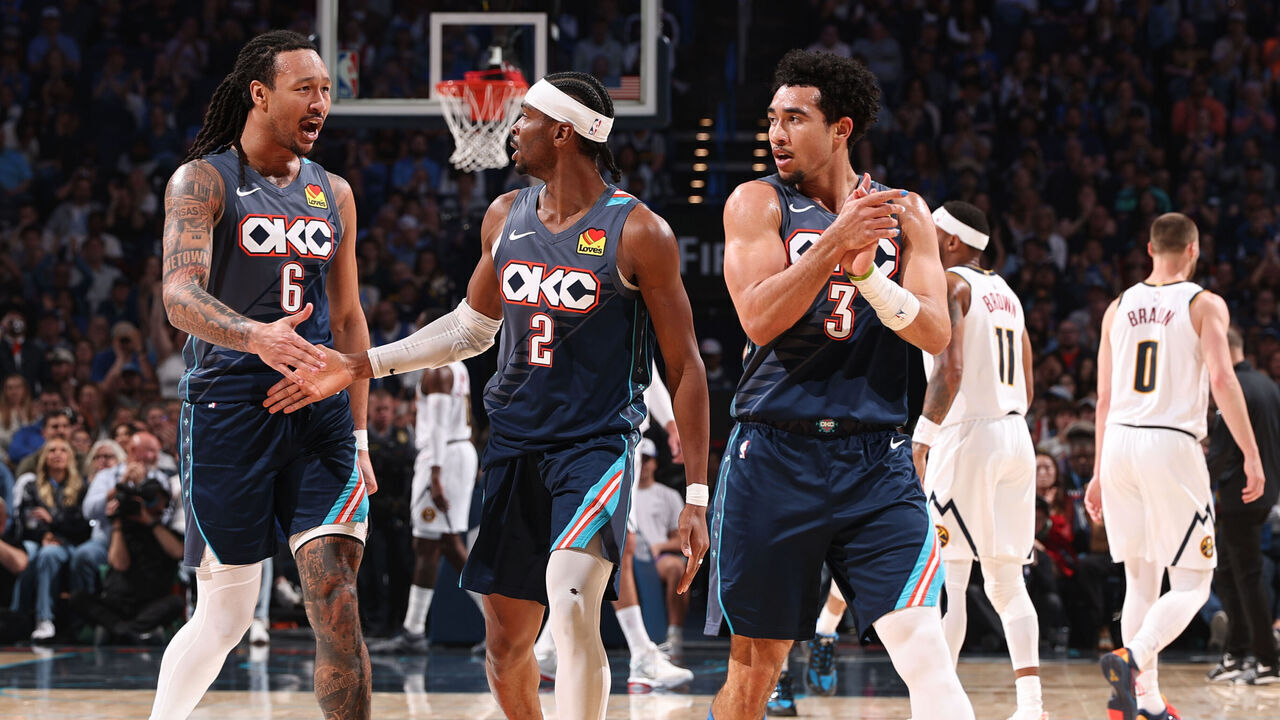 OKLAHOMA CITY, OK - FEBRUARY 27: Jared McCain #3 and Shai Gilgeous-Alexander #2 and Jaylin Williams #6 of the Oklahoma City Thunder celebrate during the game against the Denver Nuggets on February 27, 2026 at Paycom Center in Oklahoma City, Oklahoma. Mandatory Copyright Notice: Copyright 2026 NBAE
