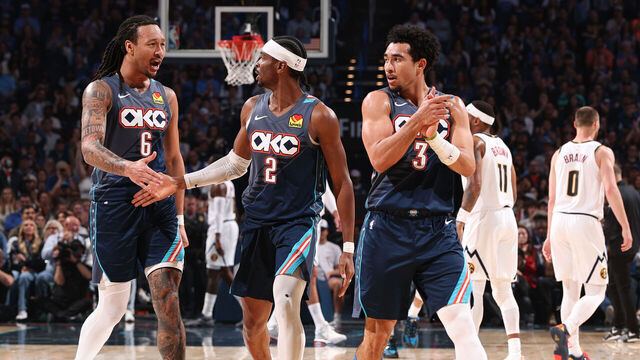 OKLAHOMA CITY, OK - FEBRUARY 27: Jared McCain #3 and Shai Gilgeous-Alexander #2 and Jaylin Williams #6 of the Oklahoma City Thunder celebrate during the game against the Denver Nuggets on February 27, 2026 at Paycom Center in Oklahoma City, Oklahoma. Mandatory Copyright Notice: Copyright 2026 NBAE